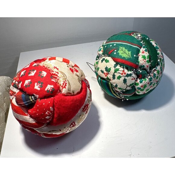 Vintage Holiday Fabric Christmas Ornaments Red & Green Patchwork Design 3 Inches - Picture 3 of 3